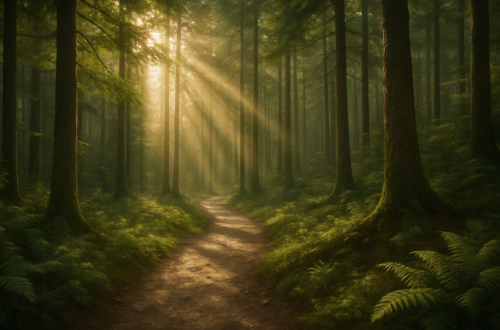 Sonnenstrahlen im Waldweg – Symbol für Ruhe, Achtsamkeit und kleine Self-Care-Rituale