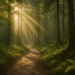 Sonnenstrahlen im Waldweg – Symbol für Ruhe, Achtsamkeit und kleine Self-Care-Rituale