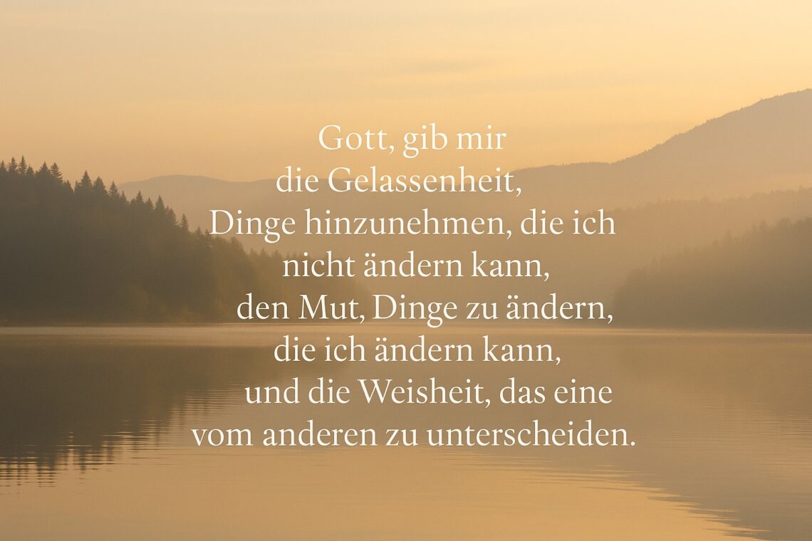 Gelassenheitsgebet vor ruhigem See bei Sonnenaufgang