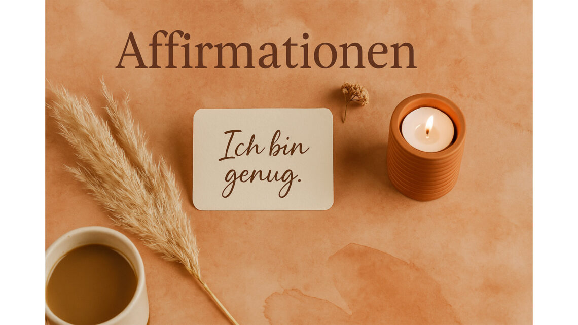 Boho Stillleben mit Affirmationskarte „Ich bin genug“, Kerze und Pampasgras auf terracottafarbenem Hintergrund