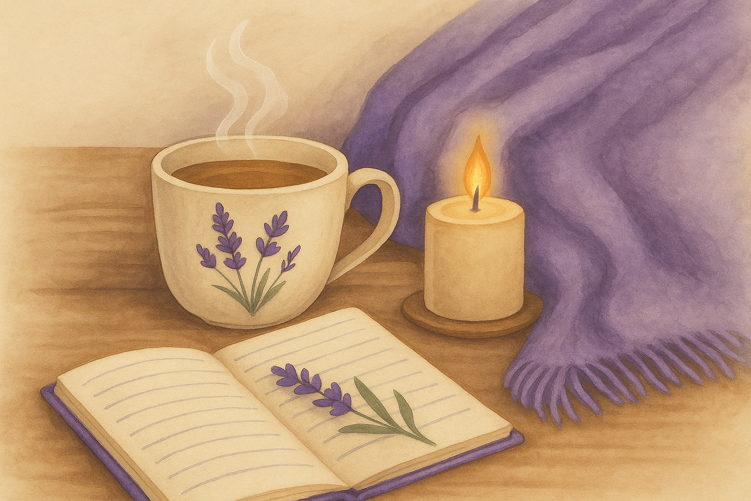 Abendliches Ritual: Tasse Lavendeltee, Notizbuch und Decke