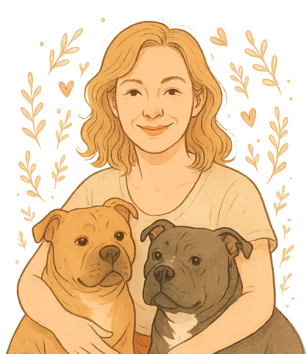 Illustration von Ramona mit ihren Hunden Dexter und Bumblebee – Mental Hug Designs