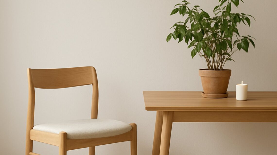 Minimalistische Einrichtung mit Holzstuhl, Tisch, Pflanze und Kerze – Symbol für Minimalismus im Alltag