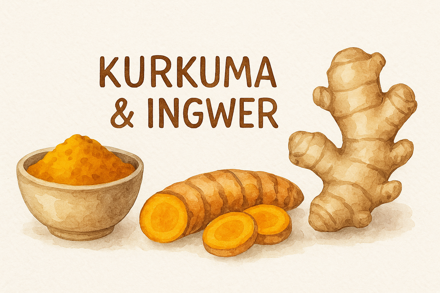 Aquarell-Illustration von Kurkuma und Ingwer für Kurkuma Ingwer Rezepte