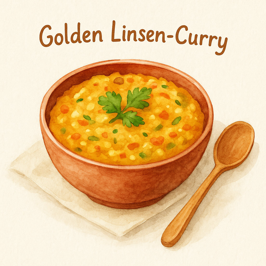 Aquarell-Illustration eines goldenen Linsencurrys in einer Schüssel, garniert mit frischen Kräutern und einem Holzlöffel.