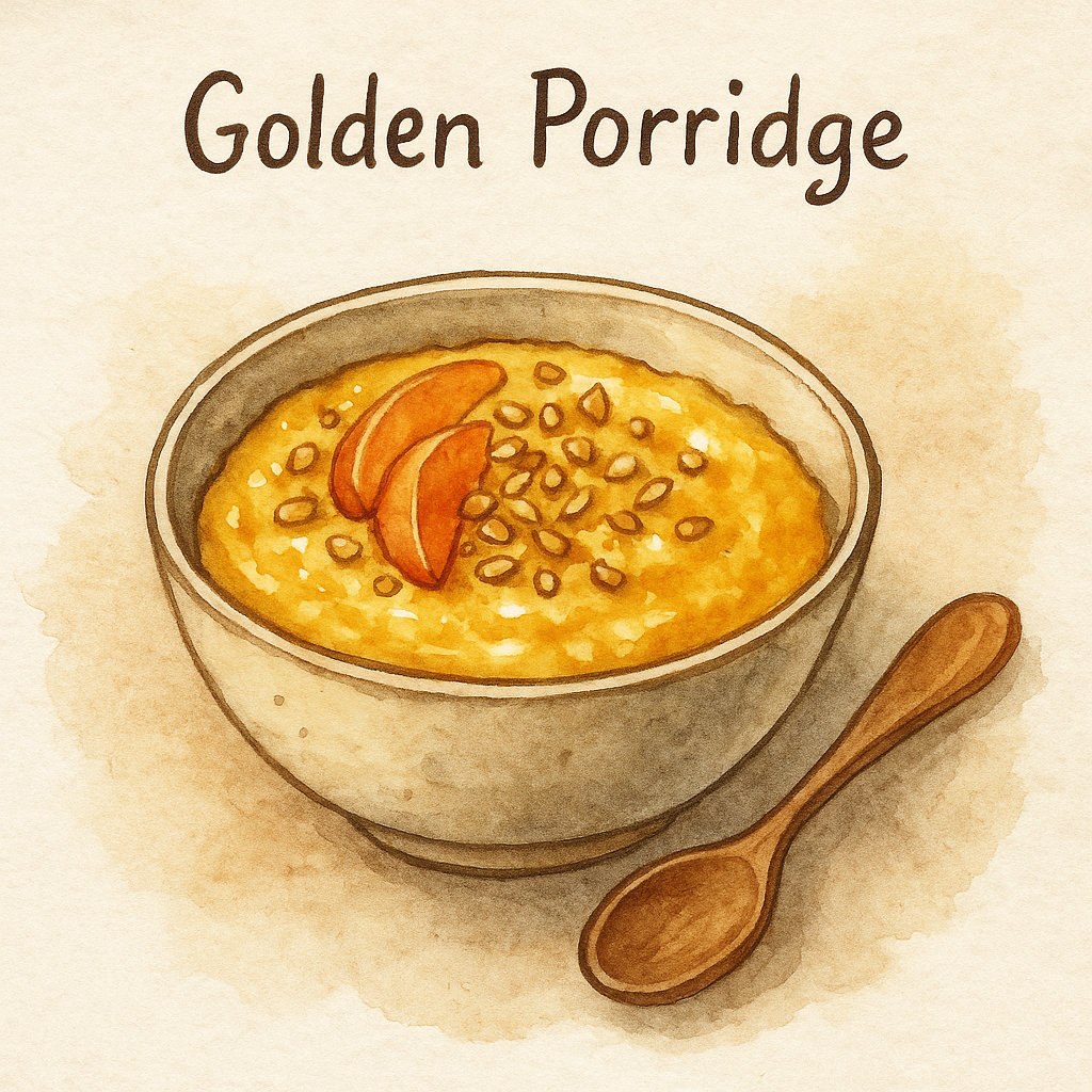 Aquarell-Illustration eines goldenen Kurkuma-Porridges in einer Schüssel mit Topping und Holzlöffel daneben.