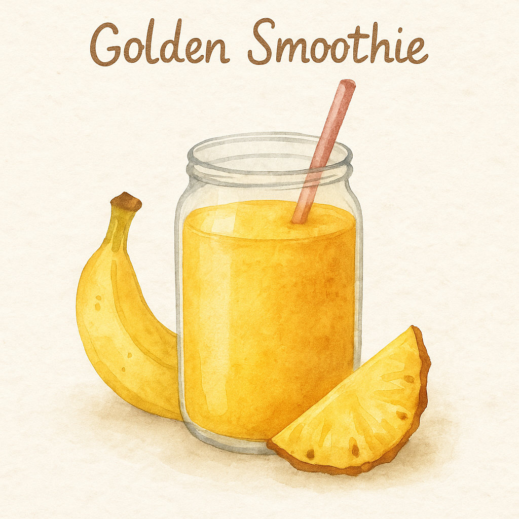 Aquarell-Illustration eines goldenen Smoothies im Glas, daneben eine Banane und ein Stück Ananas.