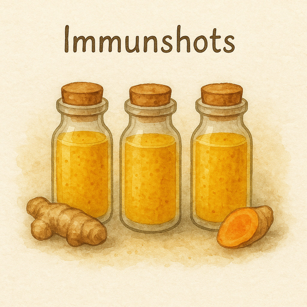 Aquarell-Illustration von drei kleinen Fläschchen mit Kurkuma-Ingwer-Immunshots, daneben frische Kurkuma- und Ingwerwurzel.