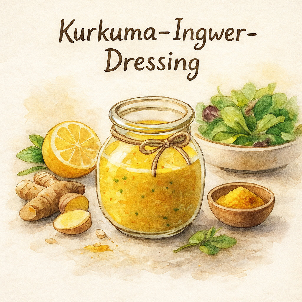 Aquarell-Illustration eines Glasgefäßes mit Kurkuma-Ingwer-Dressing, daneben Zitrone, Ingwer, Kurkuma und eine kleine Schale mit Dressing.