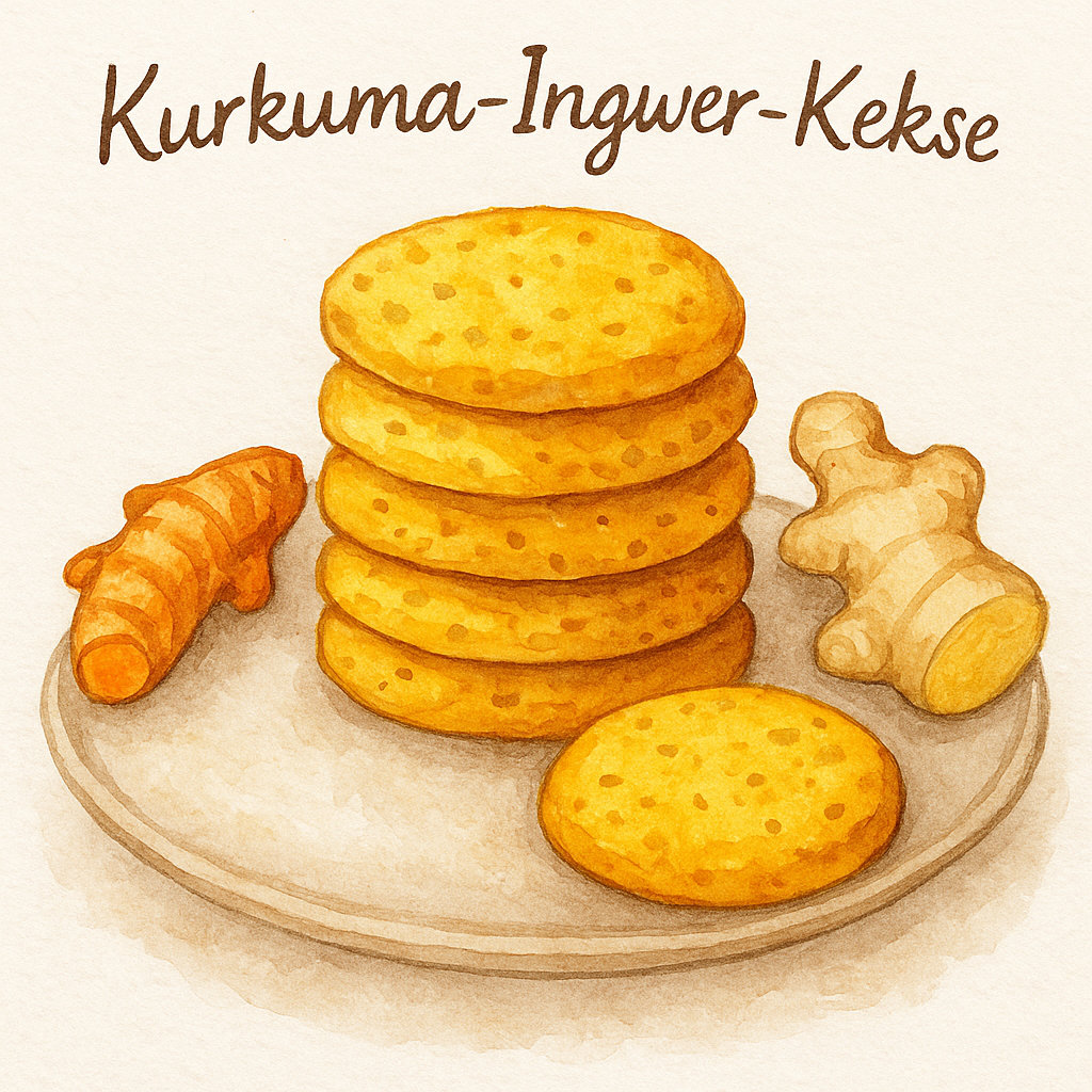 Aquarell-Illustration von goldgelben Kurkuma-Ingwer-Keksen auf einem Teller, daneben frische Kurkuma- und Ingwerwurzel.