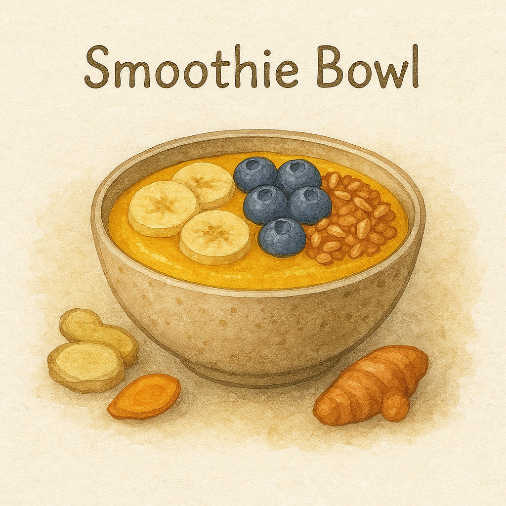 Aquarell-Illustration einer goldenen Smoothie Bowl mit Bananenscheiben, Blaubeeren und knusprigem Topping, daneben Ingwer- und Kurkumawurzel.