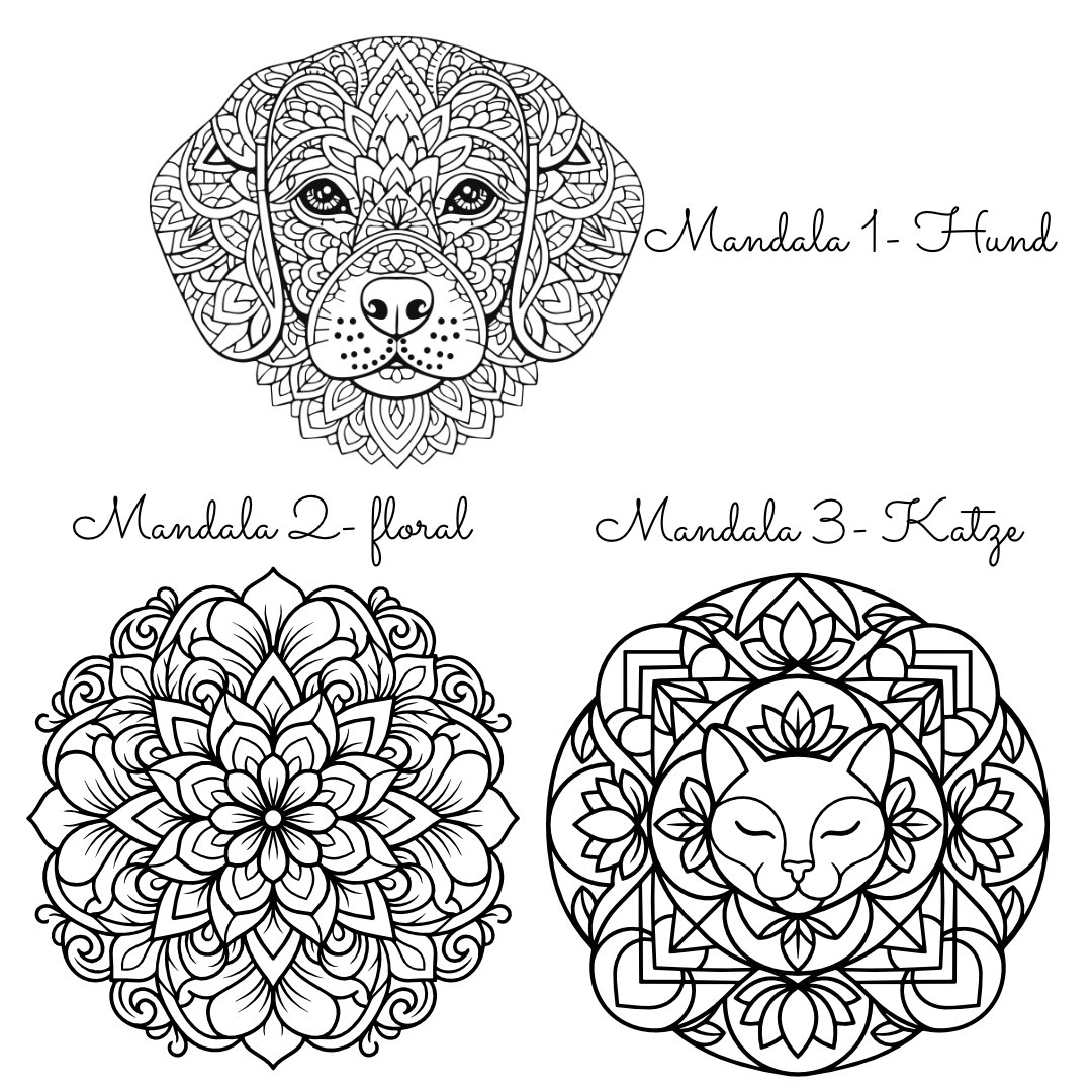 Drei Mandalas zum Ausmalen kostenlos – Hund, floral und Katze